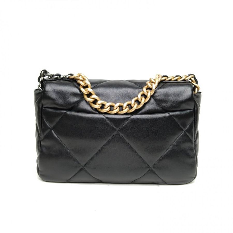 CHANEL 19BAG口蓋包小號26黑色羊皮31開金銀扣肩背包-2