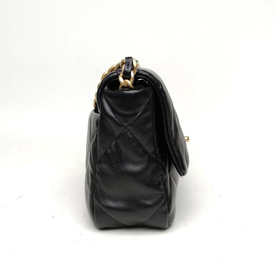 CHANEL 19BAG口蓋包小號26黑色羊皮31開金銀扣肩背包-3