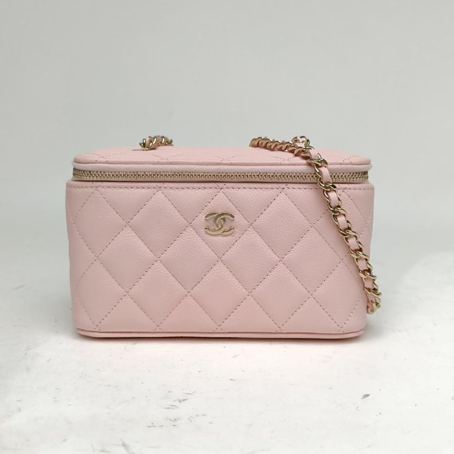CHANEL 長盒子化妝包帶鏡子粉色荔枝牛皮鐳射標金扣肩背包-0