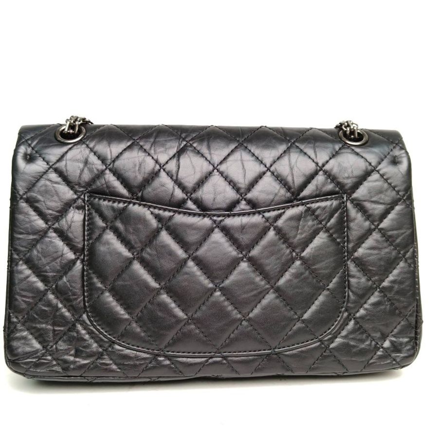 CHANEL 2.55口蓋包大號28黑色牛皮15開銀扣肩背包-2