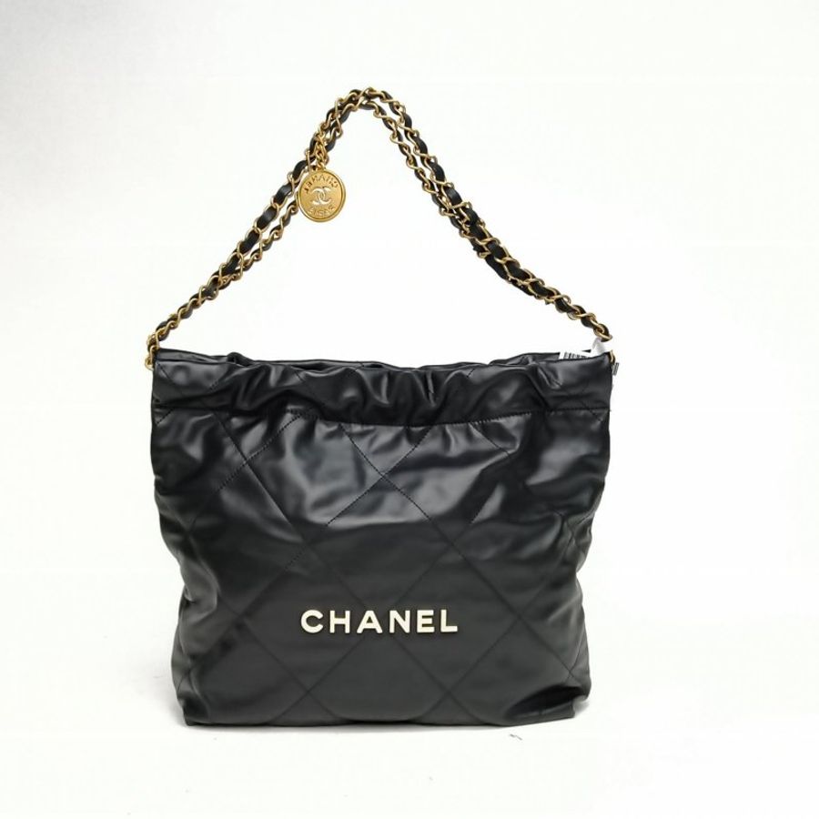 CHANEL 22BagTote托特包小號30黑色牛皮晶片開白扣肩背包-0
