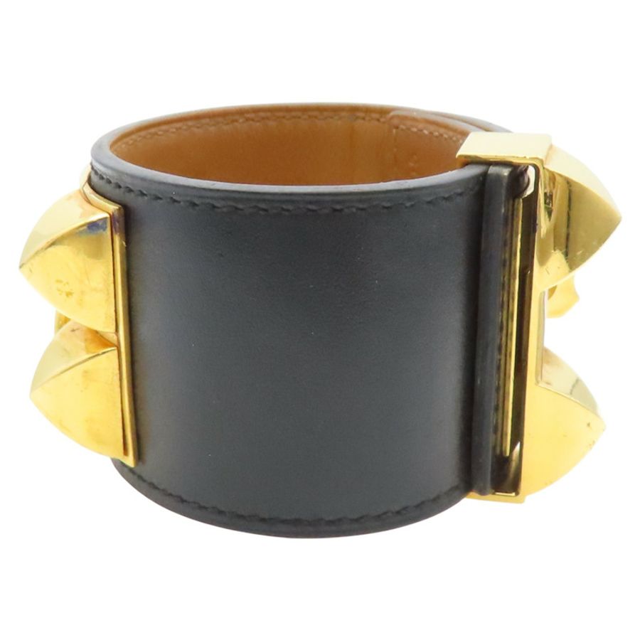 黑色皮革金色鍍金Collier de Chien Disco Faubourg手環X刻金扣【HERMES愛馬仕】-2