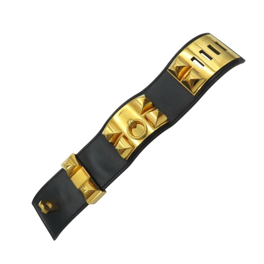 黑色皮革金色鍍金Collier de Chien Disco Faubourg手環X刻金扣【HERMES愛馬仕】-4