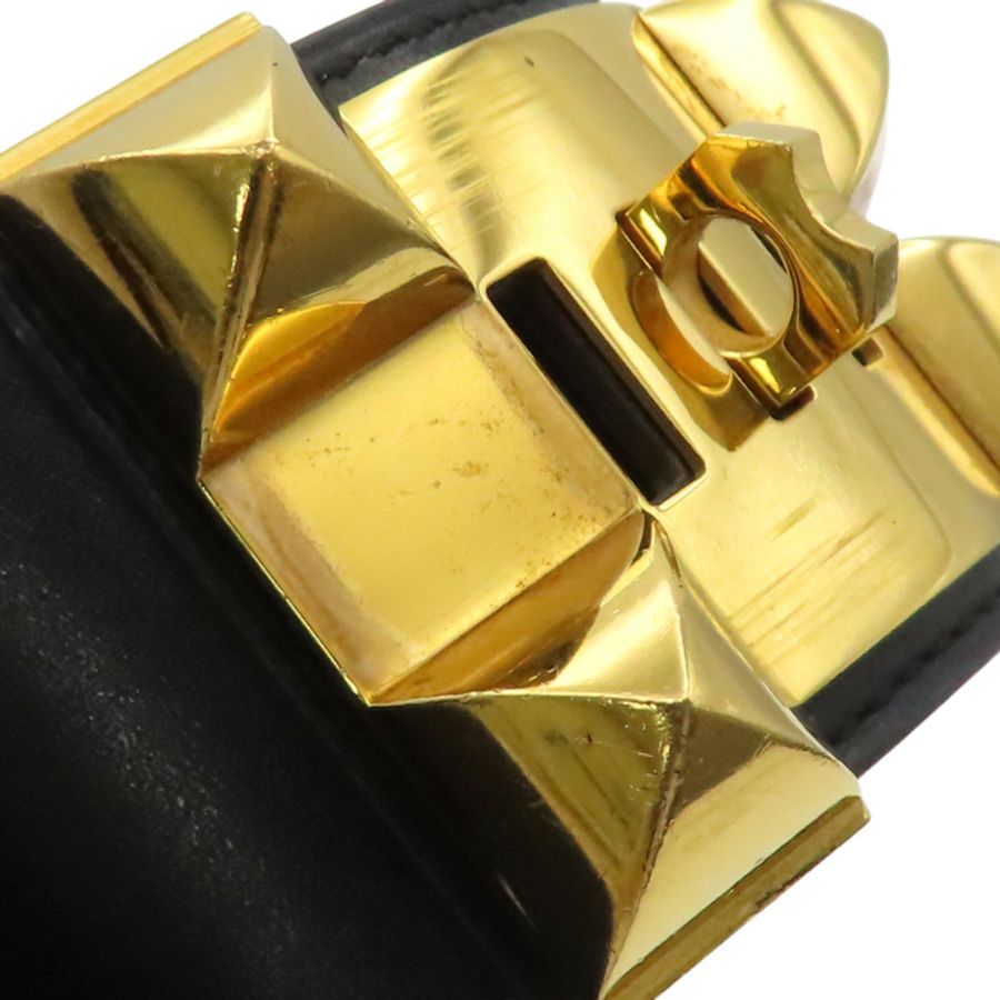 黑色皮革金色鍍金Collier de Chien Disco Faubourg手環X刻金扣【HERMES愛馬仕】-9