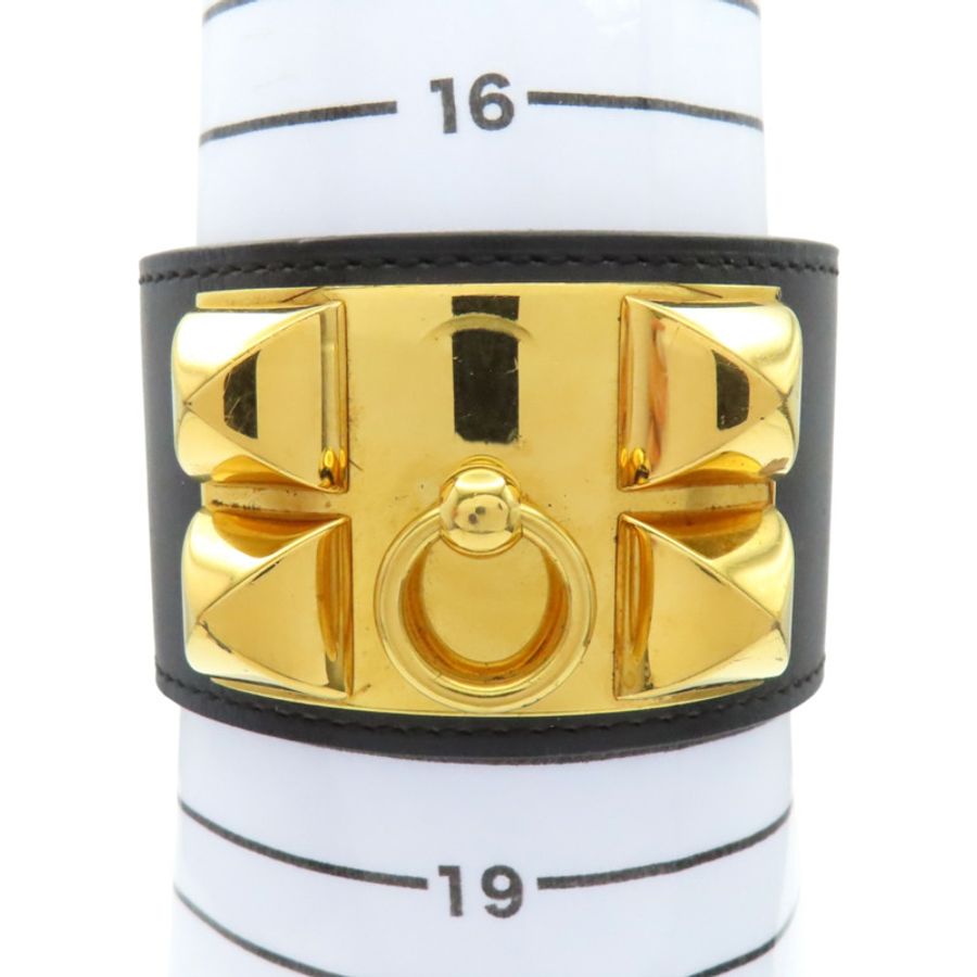 黑色皮革金色鍍金Collier de Chien Disco Faubourg手環X刻金扣【HERMES愛馬仕】-13