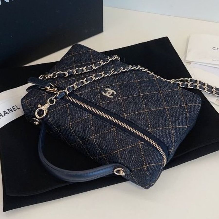 近新品 香奈兒/Chanel 新款單寧Lp盒子包 深藍色牛仔橙色縫線 手擰斜背包-5
