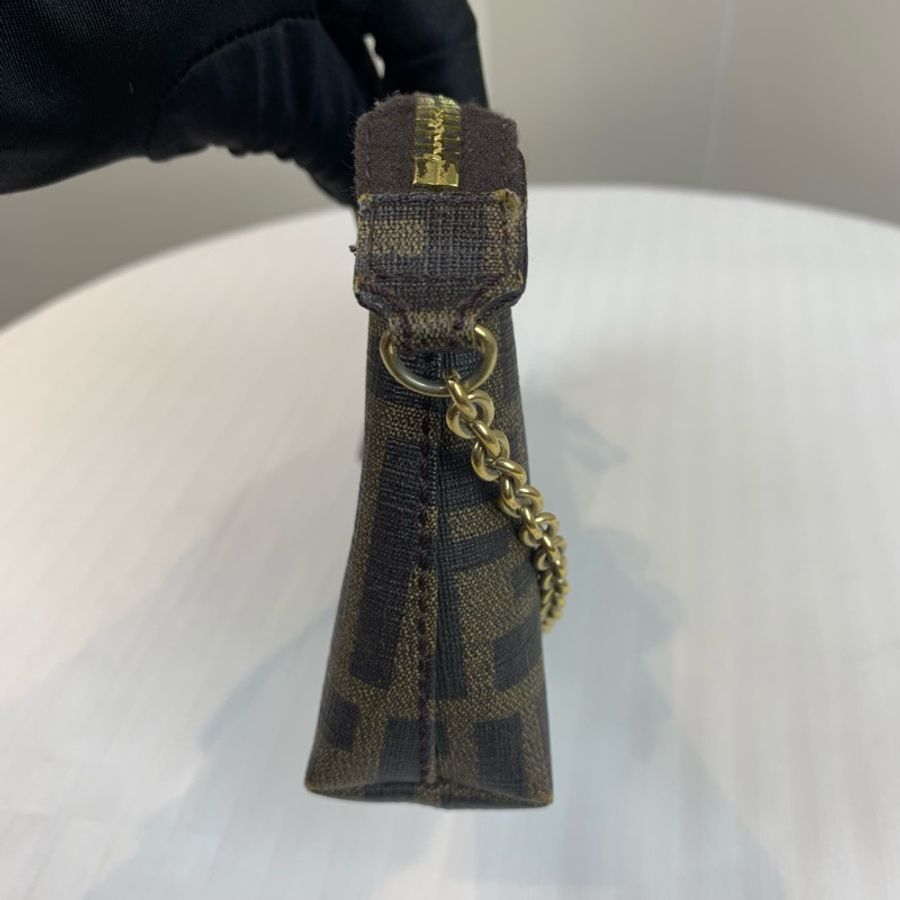 芬迪/Fendi Zucca 棕色金扣老花塗鴉腋下麻將包 獨特的玫瑰花與瓢蟲圖案20x4x12cm-3