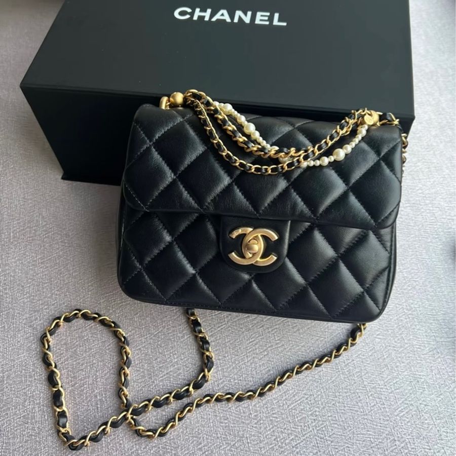 CHANEL香奈兒24P黑金菱格紋羊皮珍珠方胖子鏈條包🔗芯片款-0