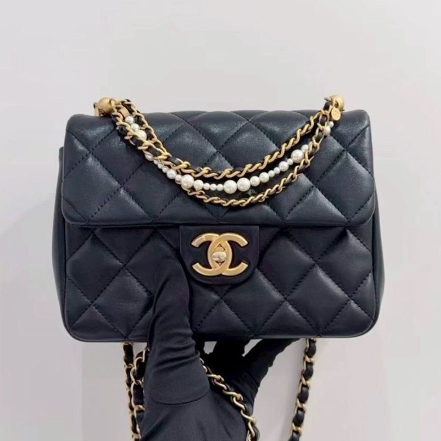CHANEL香奈兒24P黑金菱格紋羊皮珍珠方胖子鏈條包🔗芯片款-11