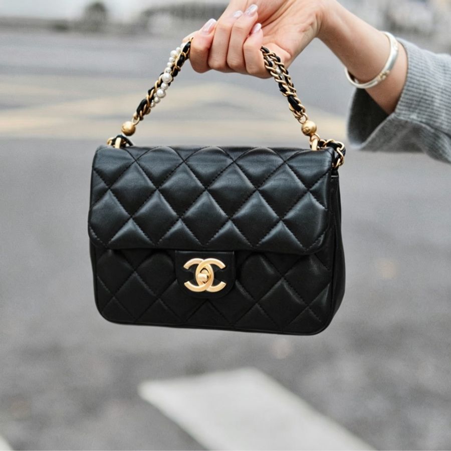 CHANEL香奈兒24P黑金菱格紋羊皮珍珠方胖子鏈條包🔗芯片款-17
