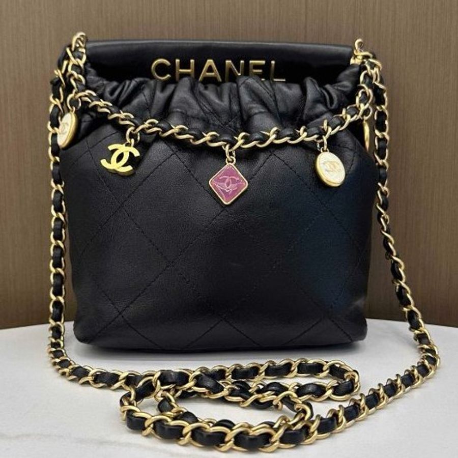 近新品 香奈兒/Chanel 芯片黑色金扣羊皮彩寶福袋肩背斜背包-5