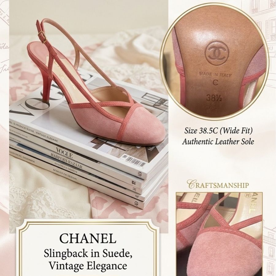 🍒 Chanel Vintage 極具法式經典韻味的跟鞋。溫柔的珊瑚粉(Coral Pink)搭配高級麂皮材質,鞋頭優雅的交叉細帶能修飾腳背曲線,展現老香年代獨有的精緻工藝size:38.5/2F260418-1-1