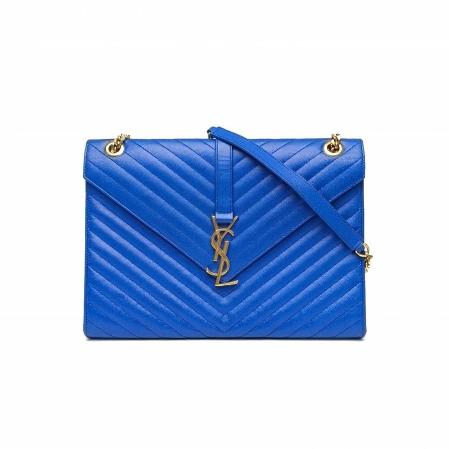 SAINT LAURENT Envelope絎縫翻蓋郵差包信封包大號藍色牛皮肩背包-0