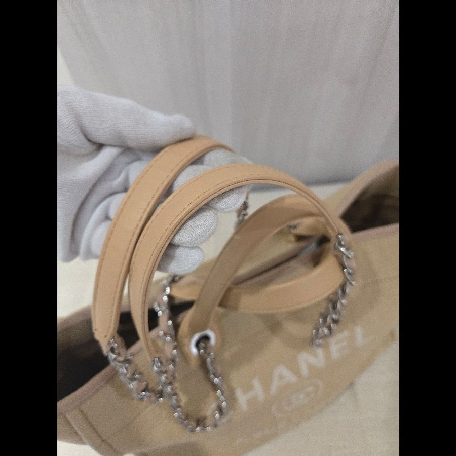 Chanel 香奈兒 芯片款 燕麥奶茶色 帆布沙灘包 托特包 可肩背 手提-26