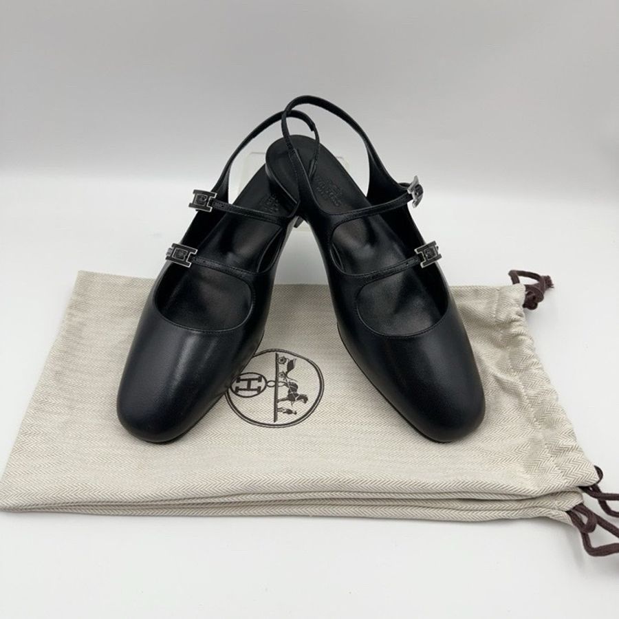 閒置 新HERMES 愛馬仕 Mila 山羊皮 圓頭搭扣 露跟鞋 休閒單鞋 1cm 女款 黑色-0