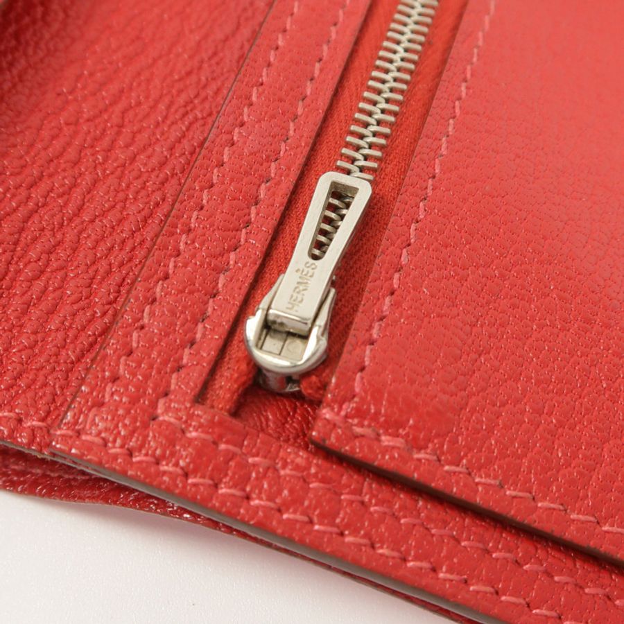 HERMES Chevre皮革Bearn Compact Wallet錢包Rose Lipstick/Rouge Casaque-13