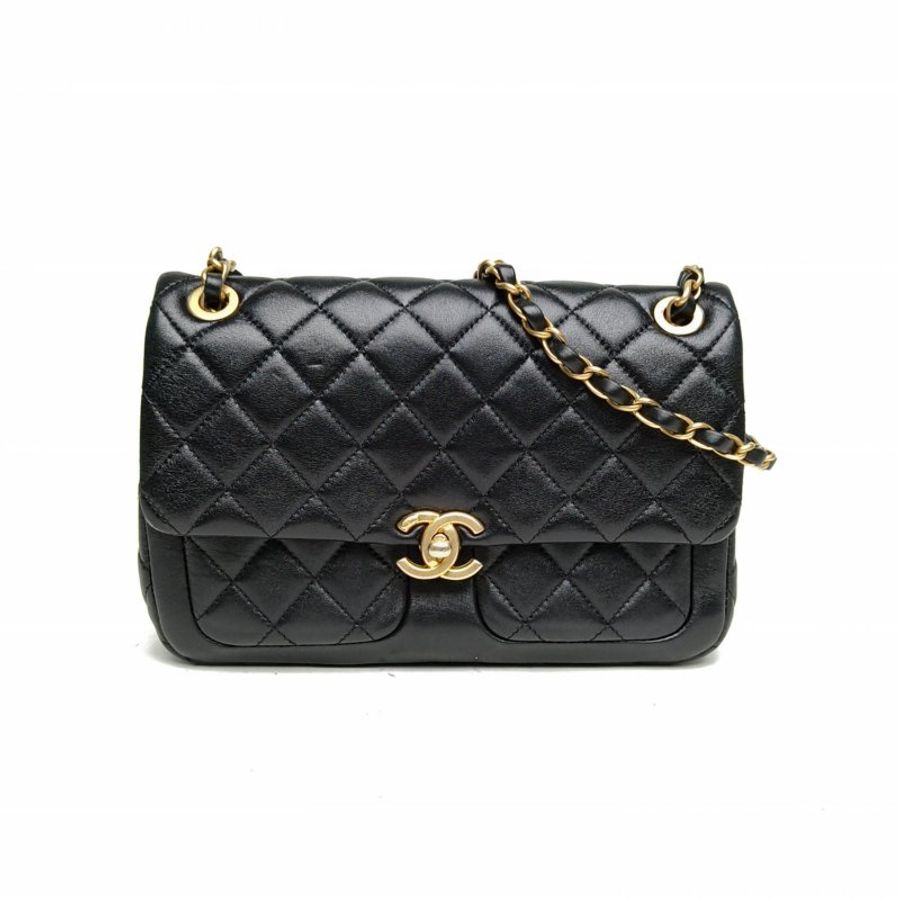 CHANEL 黑色羊皮晶片開金扣23KRabat雙口袋復古郵差包小號23肩背包-0