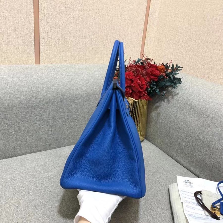 Hermes愛馬仕birkin35 i7琉璃藍togo皮金扣c刻 手提包-4