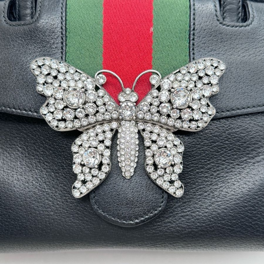 Gucci古馳totem中號黑色全皮蝴蝶鑽扣單肩斜挎手提包-4