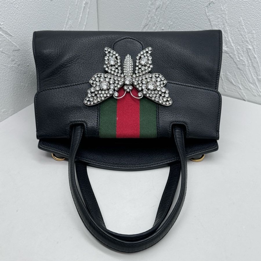 Gucci古馳totem中號黑色全皮蝴蝶鑽扣單肩斜挎手提包-5