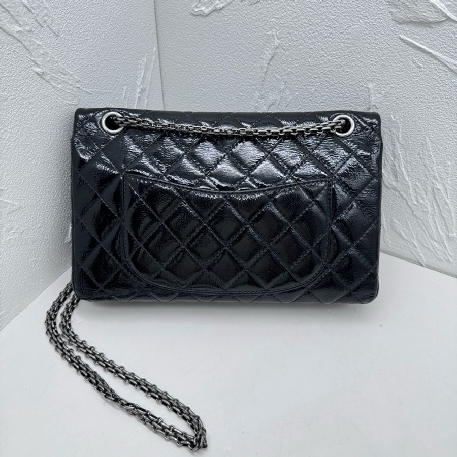 Chanel香奈兒2.55中號黑銀漆皮雙蓋單肩斜挎鏈條包-1