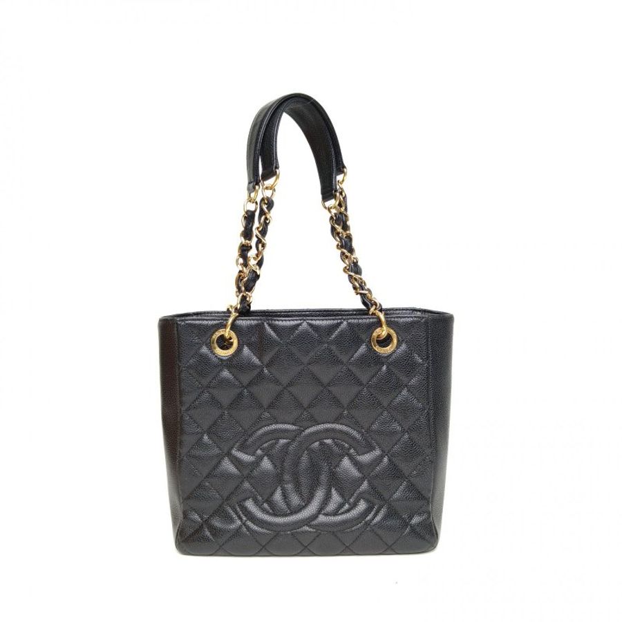 CHANEL 中古PST鏈條手提TOTE黑色荔枝牛皮14開金扣肩背包-0