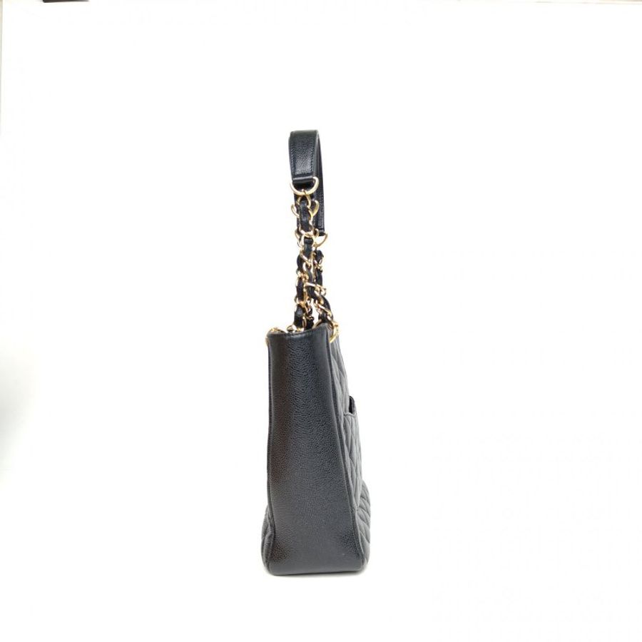 CHANEL 中古PST鏈條手提TOTE黑色荔枝牛皮14開金扣肩背包-1