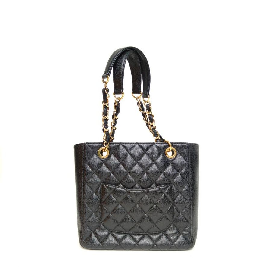 CHANEL 中古PST鏈條手提TOTE黑色荔枝牛皮14開金扣肩背包-2