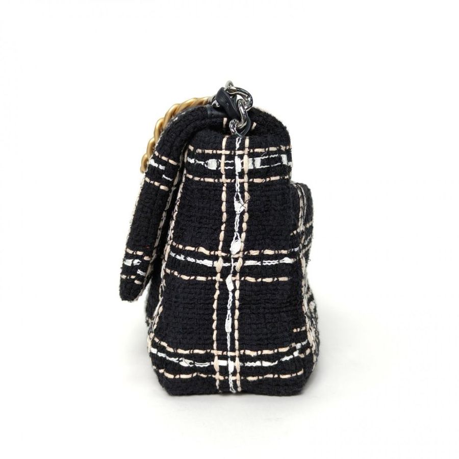 CHANEL 19BAG口蓋包小號拼色毛呢晶片開金銀扣肩背包-3