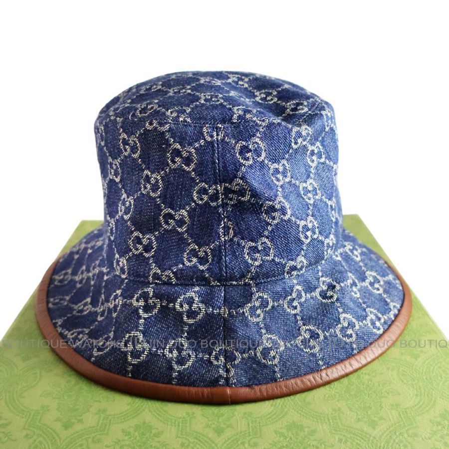 金鐸精品~2521 GUCCI古馳576371經典雙G-LOGO藍色丹寧布M號漁夫帽 全新品-0