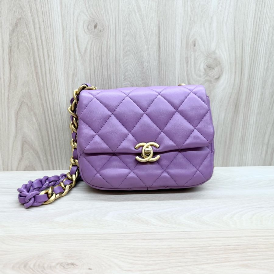 Chanel💜紫羊皮金釦紫鏈方胖-1