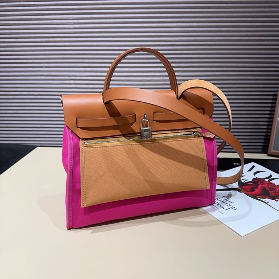 Hermes愛馬仕 herbag31 粉色帆布 手提單肩斜挎包-2