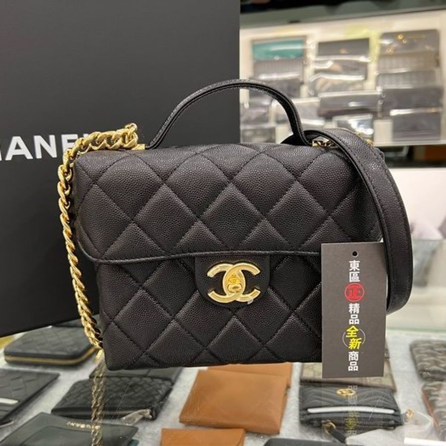 東區正精品㊣CHANEL AS3729 全新香奈兒黑色荔枝牛皮霧金鍊釦式翻蓋手提包化妝箱包斜背包 RZ3606-0