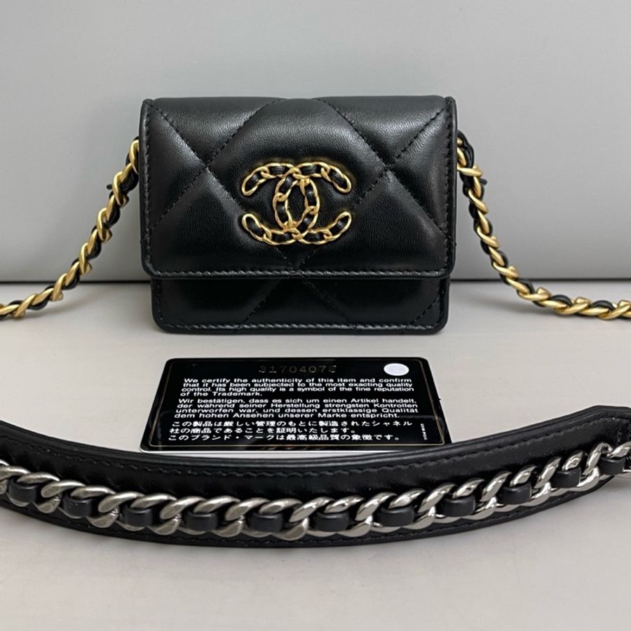 Chanel香奈兒19bag迷你黑金全皮鏈條包，尺寸10×8 鐳射31 附件卡-0