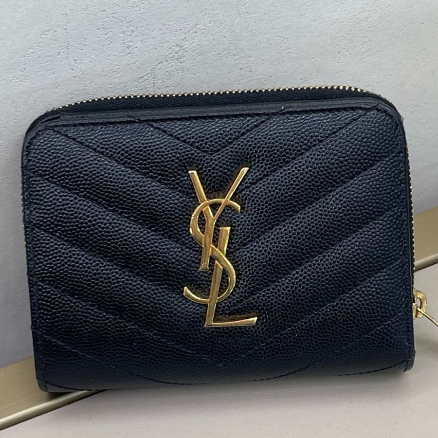 聖羅蘭 經典信豐錢包，黑色絎縫牛皮，金色logo裝飾  🈚附件-0