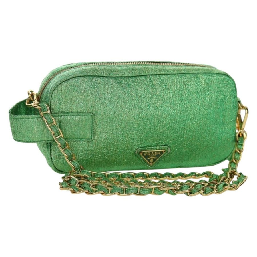 【日本直送】PRADA 鏈條肩背包 帆布 綠色 金色 正品 LNZ744V-0