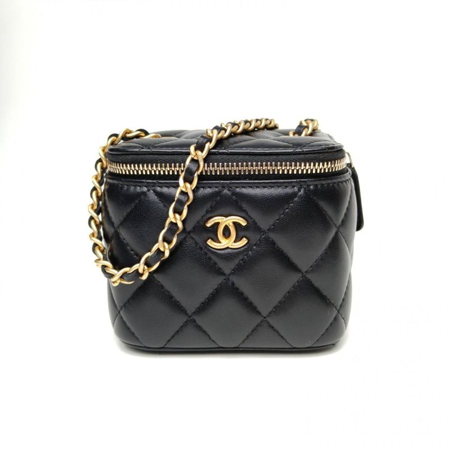 CHANEL CF金球金珠盒子包鏈條包化妝包黑色羊皮31開金扣肩背包-0