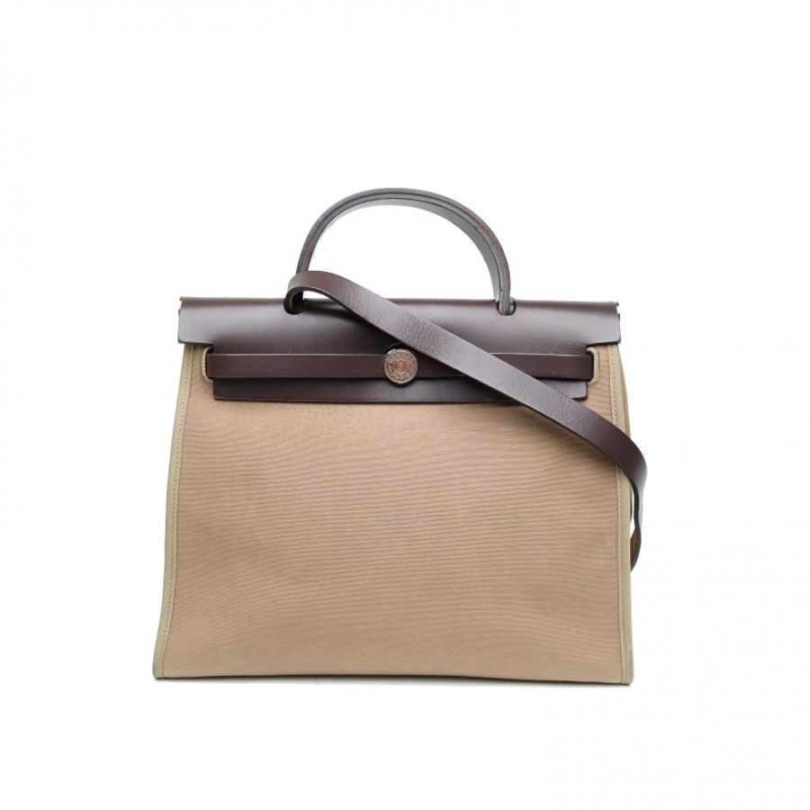 HERMES Herbag31大象灰拼烏木色帆布/牛皮T刻銀扣肩背包-0