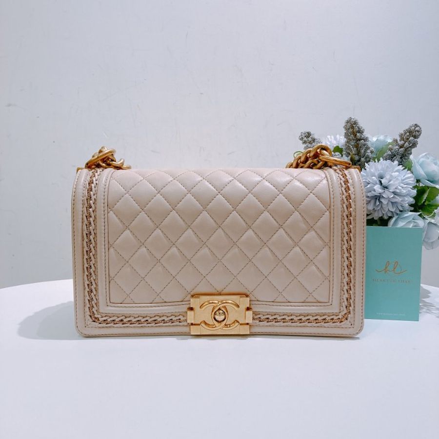 TW4819 Chanel 香奈兒中號特別版 leboy 羊皮 杏色金扣Boy Shoulder Bag Medium Lambskin-0