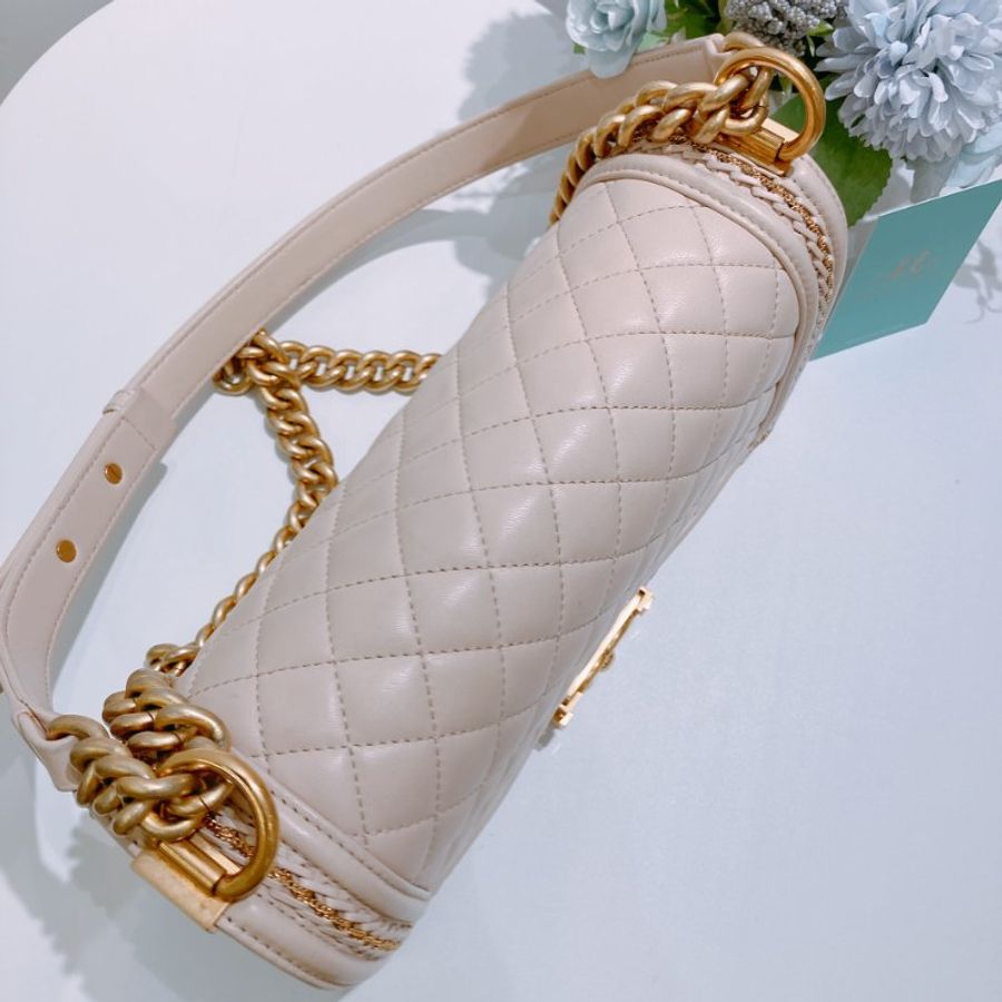 TW4819 Chanel 香奈兒中號特別版 leboy 羊皮 杏色金扣Boy Shoulder Bag Medium Lambskin-9