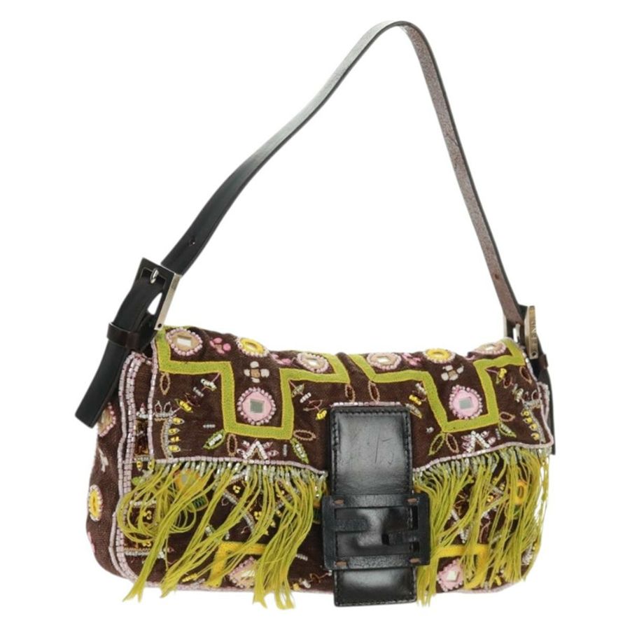 【日本直送】FENDI 珠飾 Mamma Baguette 單肩包 帆布 銀棕色 正品 161704SV-0