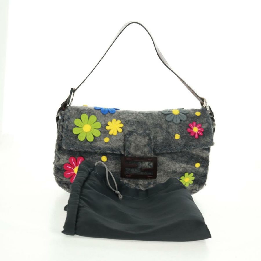 【日本直送】FENDI 花卉圖案 Mamma Baguette 單肩包 羊毛 灰色 銀色 正品 168312SAV-11