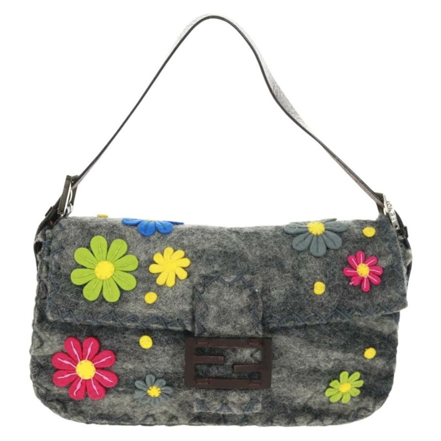 【日本直送】FENDI 花卉圖案 Mamma Baguette 單肩包 羊毛 灰色 銀色 正品 168312SAV-12