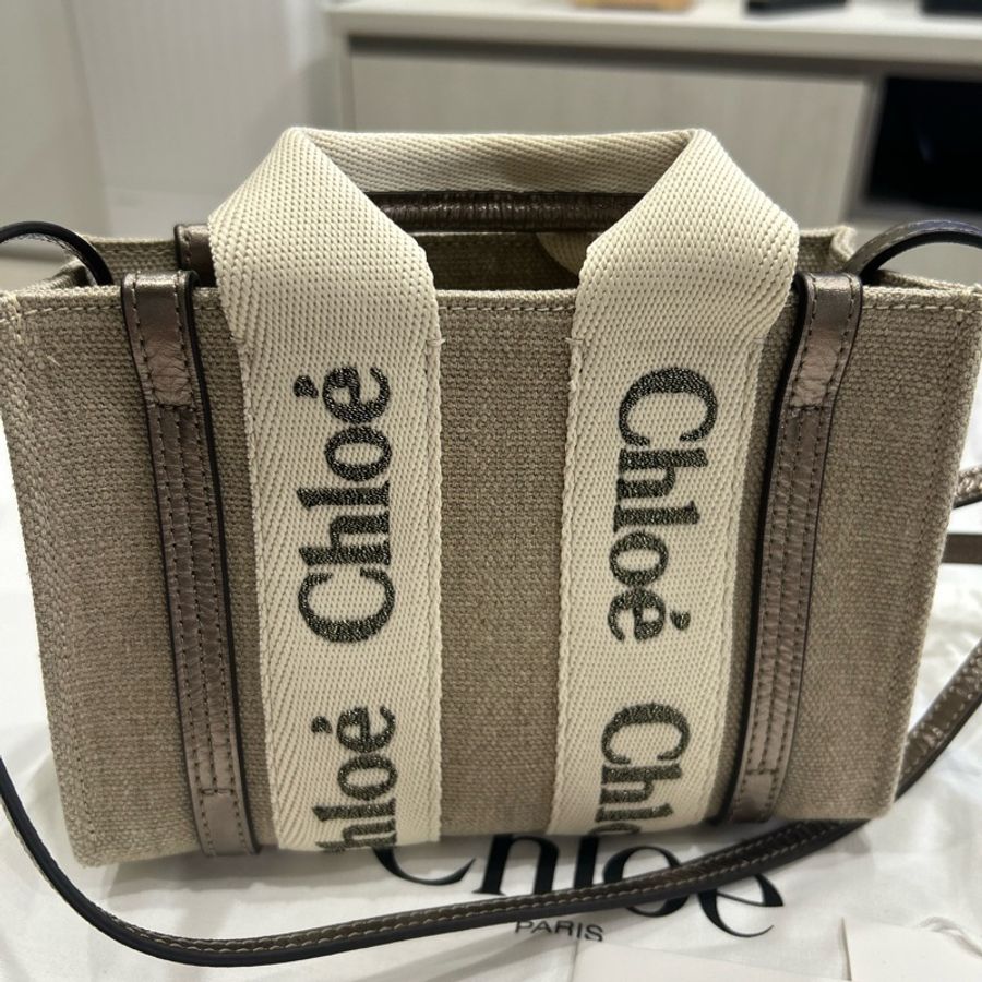 Chloe mini woody tote bag shiny grey古銅色-6