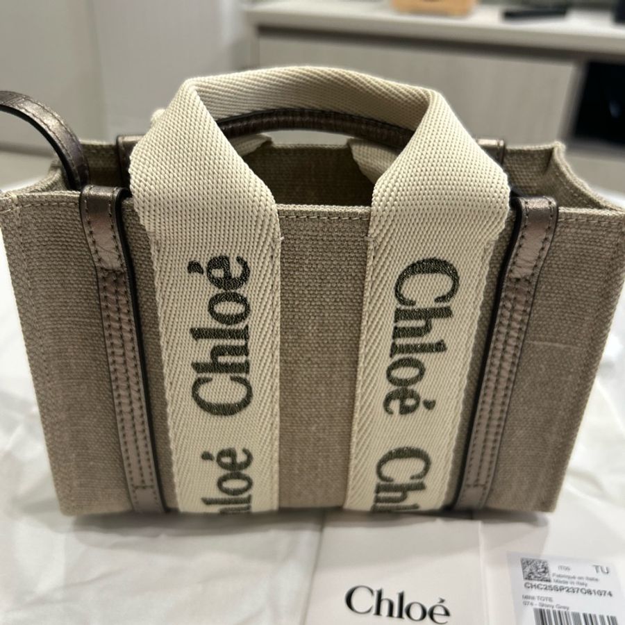 Chloe mini woody tote bag shiny grey古銅色-7