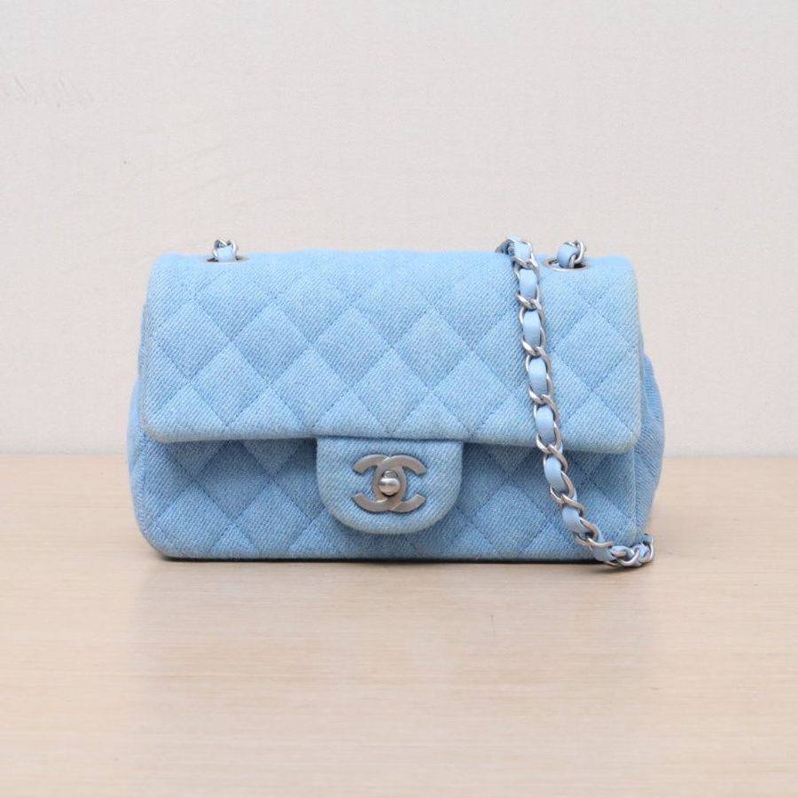 CHANEL CF口蓋包大Mini20藍色牛仔晶片開銀扣25C肩背包-1