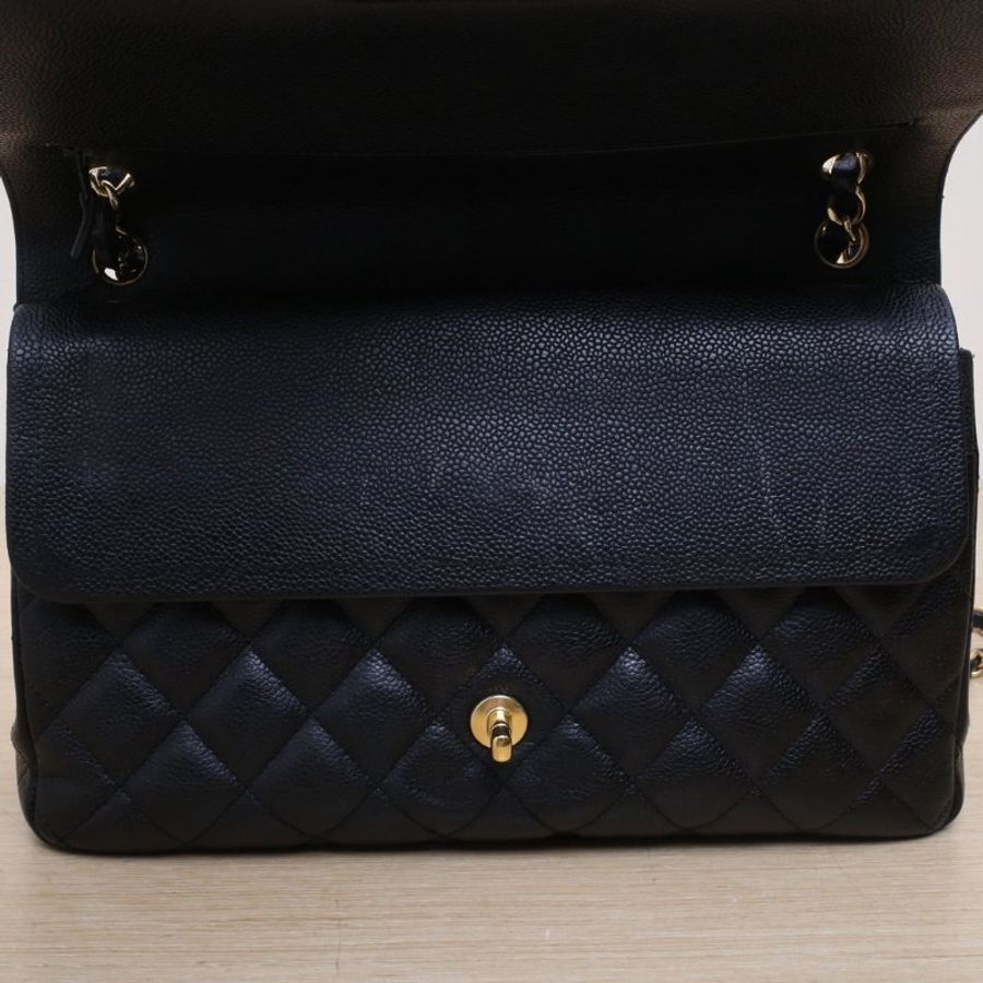 CHANEL CF口蓋包JUMBO30黑色荔枝牛皮19開金扣肩背包-2