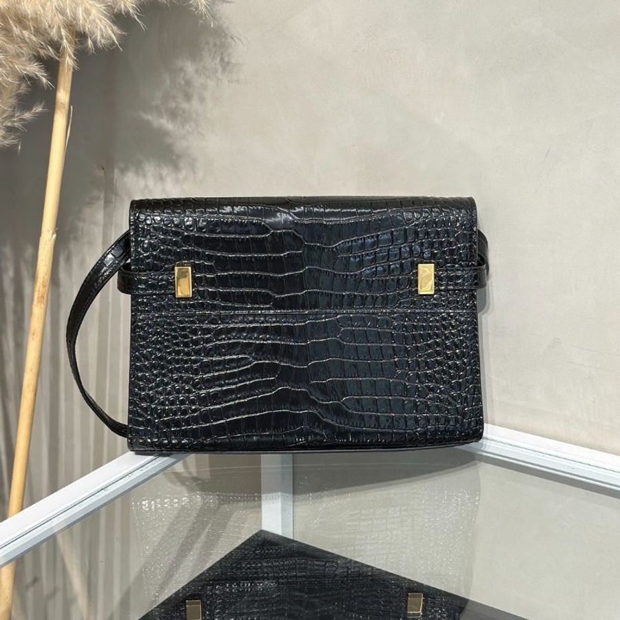 YSL 鱷魚壓紋曼哈頓 - 小號黑金-4