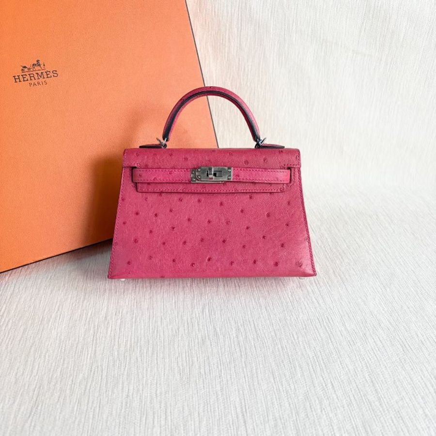 Hermes minikelly二代  鴕鳥皮 糖果粉銀扣19*6*11 98新配件肩帶 塵袋-3