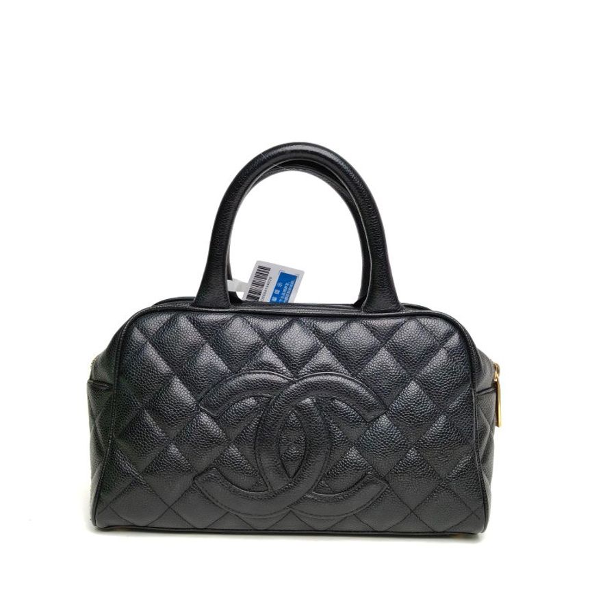CHANEL 中古保齡球手提包黑色荔枝牛皮8開金扣肩背包-0